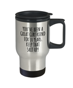 10 Years Anniversary Girlfriend Travel Mug Funny Gift for GF 10th Dating Relationship Couple Together Coffee Tea Insulated Lid Commuter-Travel Mug