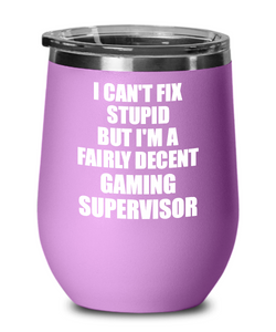 Funny Gaming Supervisor Wine Glass Saying Fix Stupid Gift for Coworker Gag Insulated Tumbler with Lid-Wine Glass